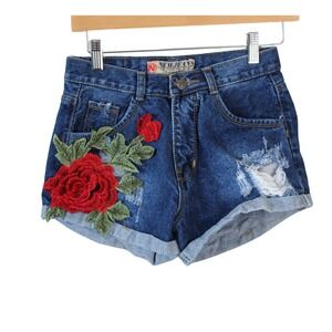 Womens Denim Jean shorts Distressed with Rose Patch (no size)